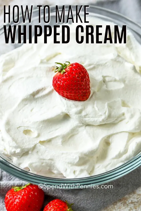 Whipped cream in a glass bowl with a strawberry on top and a title