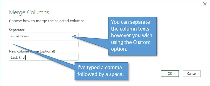 Merge Columns Window Custom separator