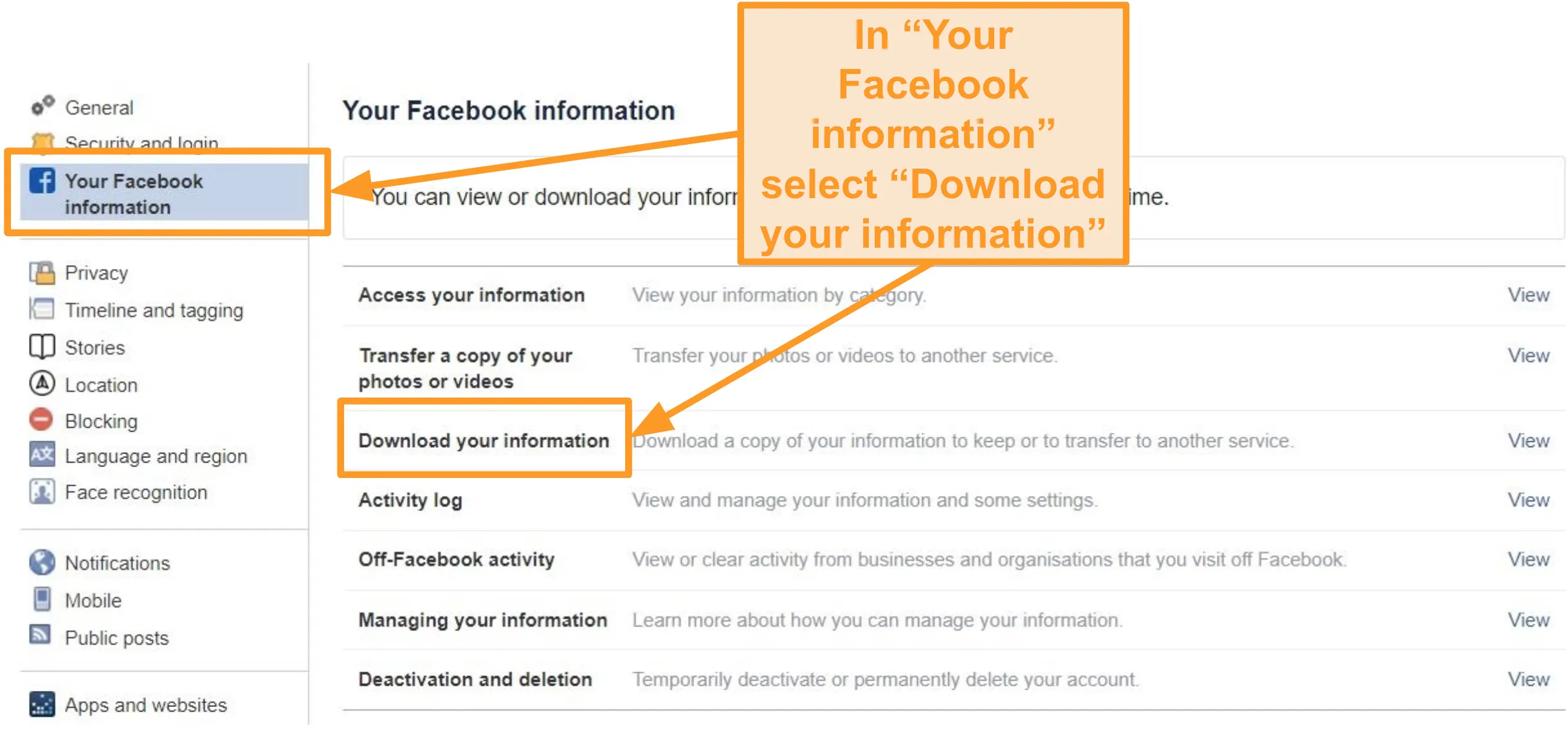 Screenshot of "Your Facebook information" tab highlighting how to download your information